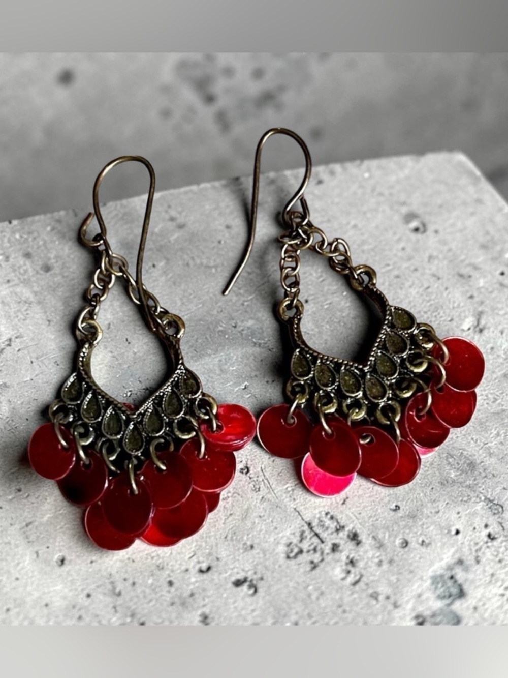 Brass Red Shells Earrings Chandelier Boho